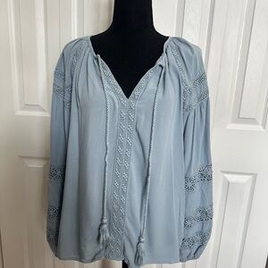 Chelsea & Theodore Light Blue Blouse with Lace Accents boho style